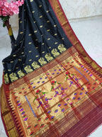 Black Handloom Paithani Pure Silk Peacock Design Pallu Saree - Luxurion World