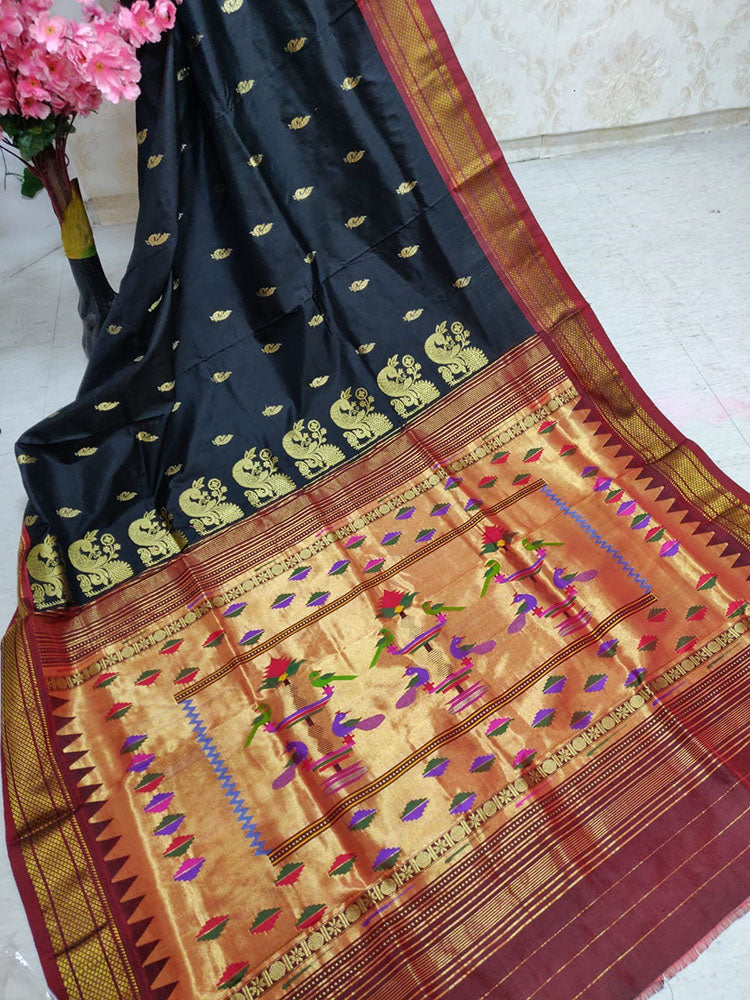 Black Handloom Paithani Pure Silk Peacock Design Pallu Saree - Luxurion World