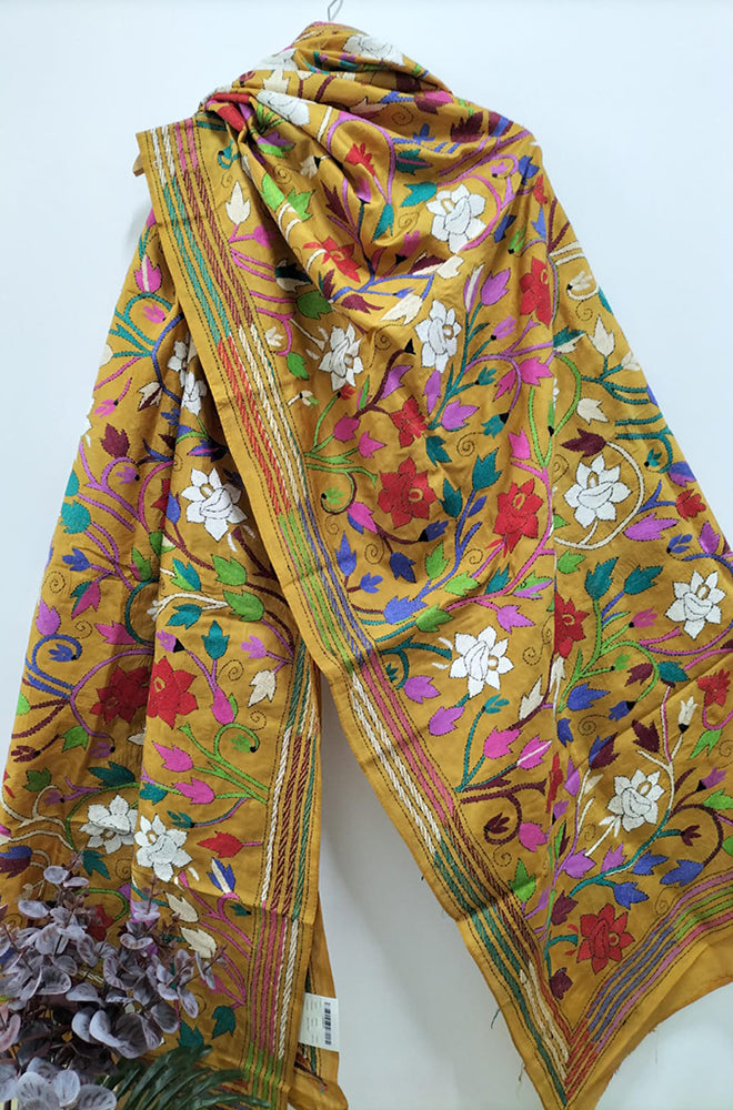 Yellow Hand Embroidered Kantha Pure Bangalore Silk Dupatta - Luxurion World