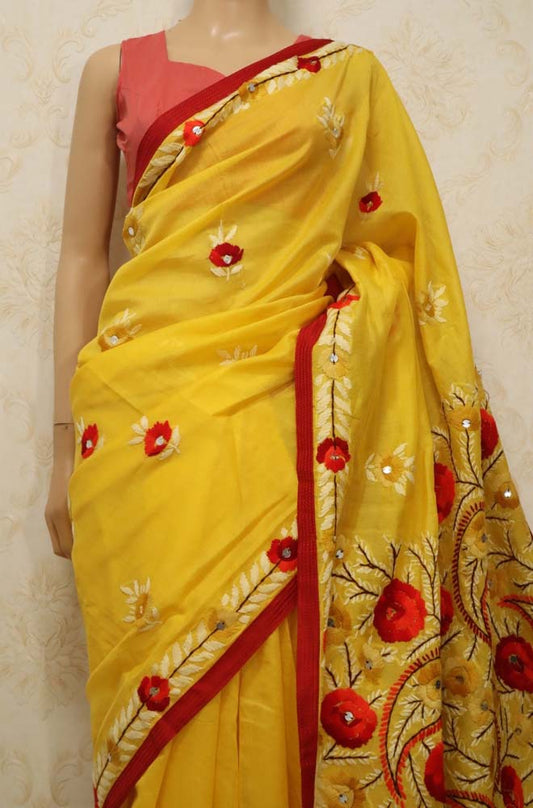 Yellow Hand Embroidered Phulkari Chanderi Silk Saree - Luxurion World