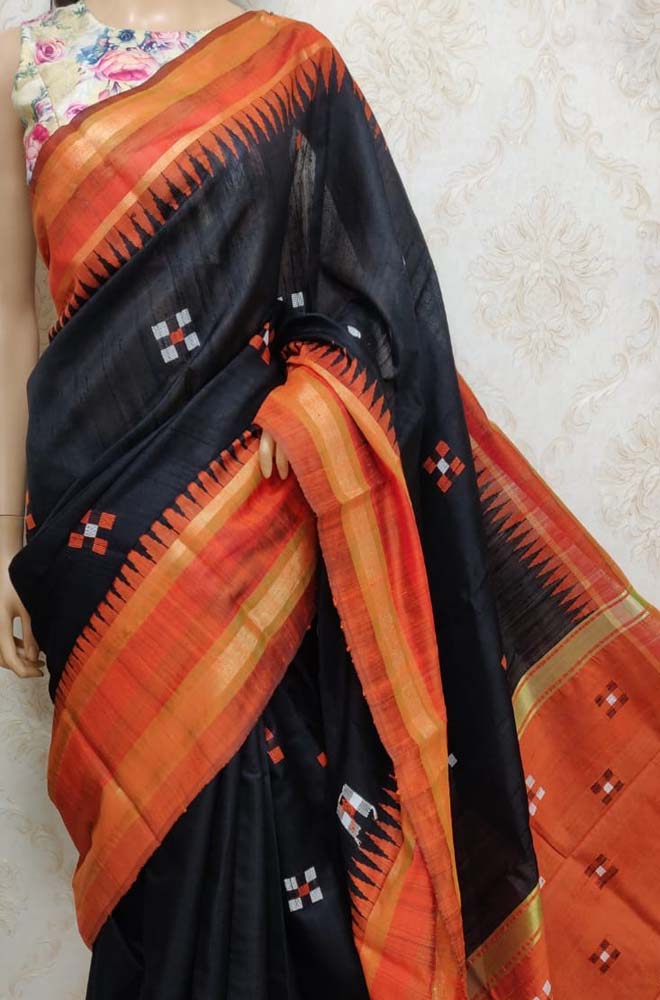 Black Handloom Bhagalpur Pure Raw Silk Temple Design Border Saree - Luxurion World