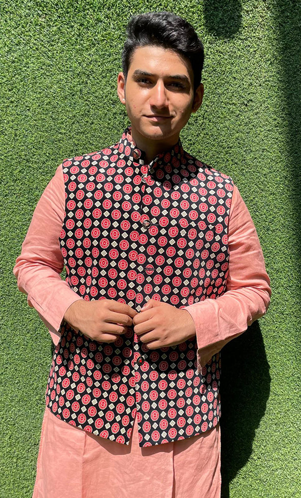 Black Digital Printed Velvet Nehru Jacket - Luxurion World
