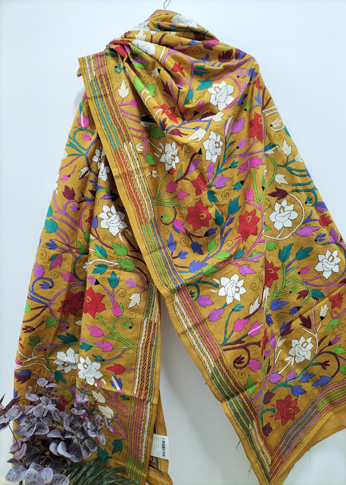 Yellow Hand Embroidered Kantha Pure Bangalore Silk Dupatta - Luxurion World