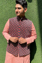 Black Digital Printed Velvet Nehru Jacket - Luxurion World