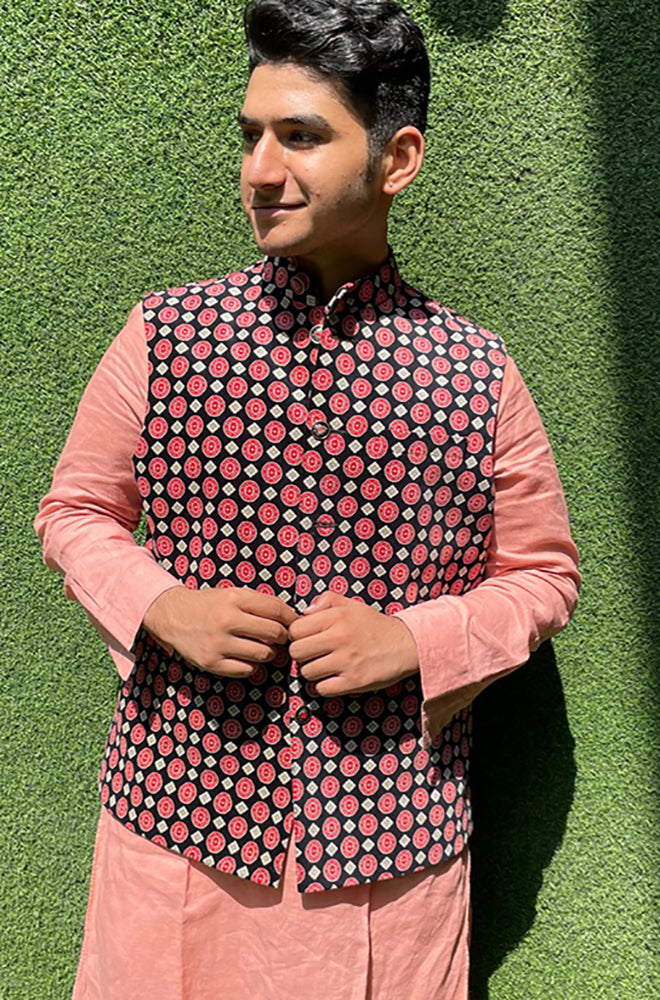 Black Digital Printed Velvet Nehru Jacket - Luxurion World