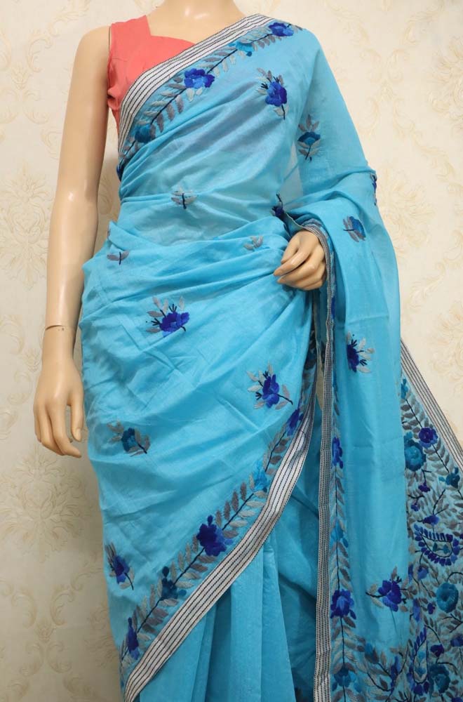 Blue Hand Embroidered Phulkari Chanderi Silk Saree