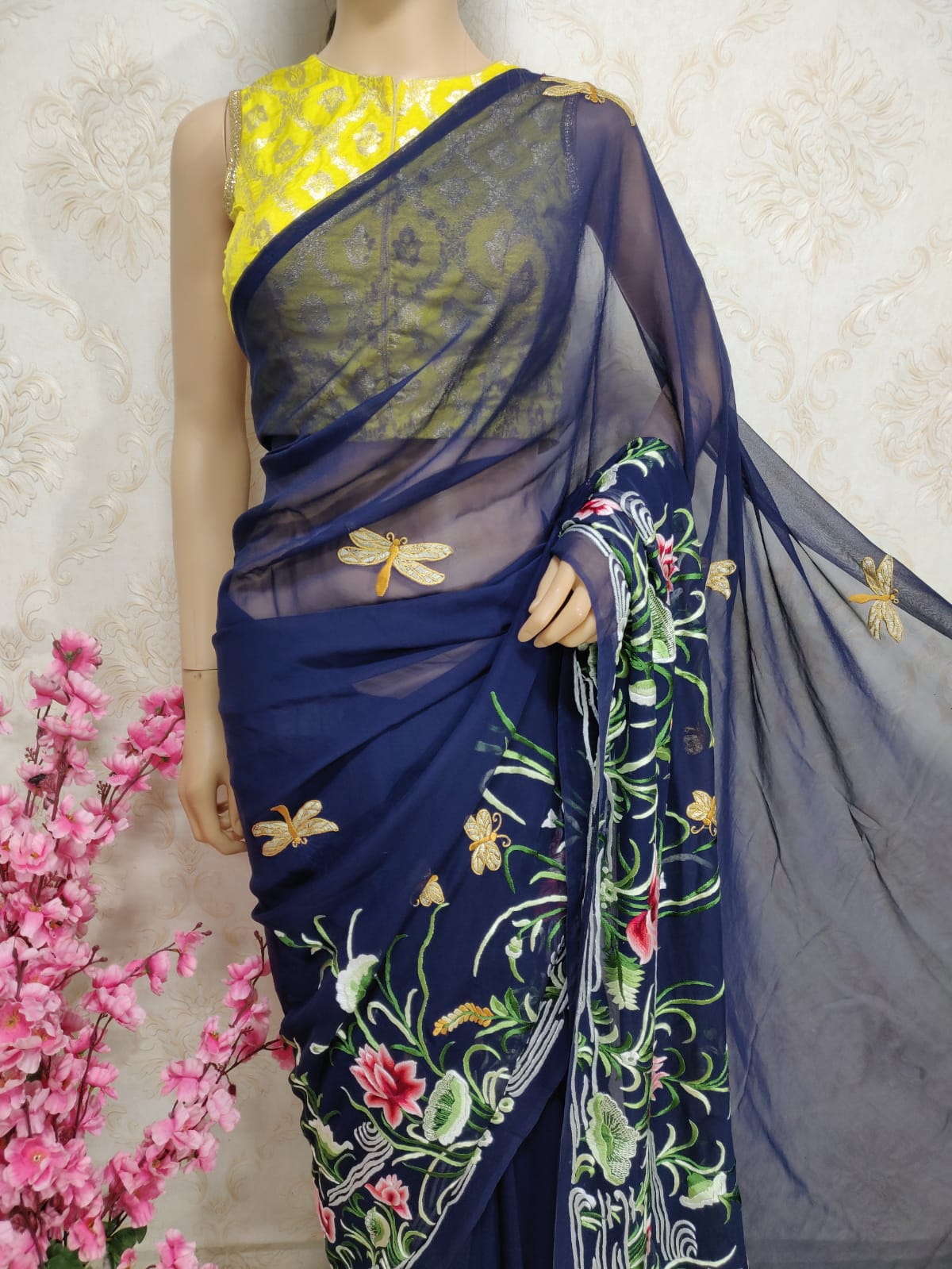 Blue Hand Embroidered Parsi Gara Pure Georgette  Saree - Luxurion World