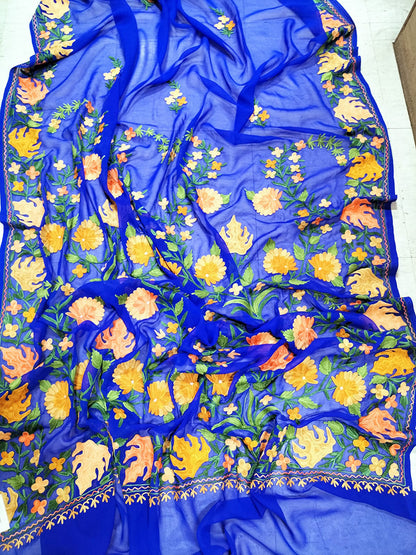 Blue Embroidered Kashmiri Aari Work Georgette Saree - Luxurion World