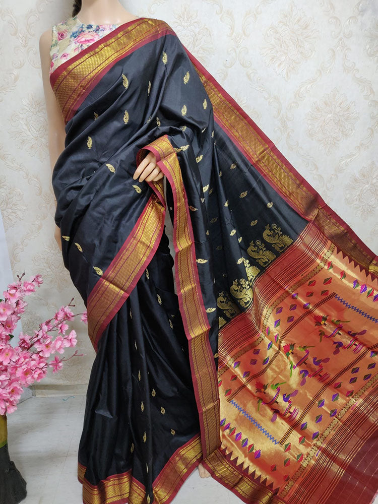 Black Handloom Paithani Pure Silk Peacock Design Pallu Saree - Luxurion World