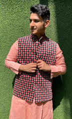 Black Digital Printed Velvet Nehru Jacket - Luxurion World