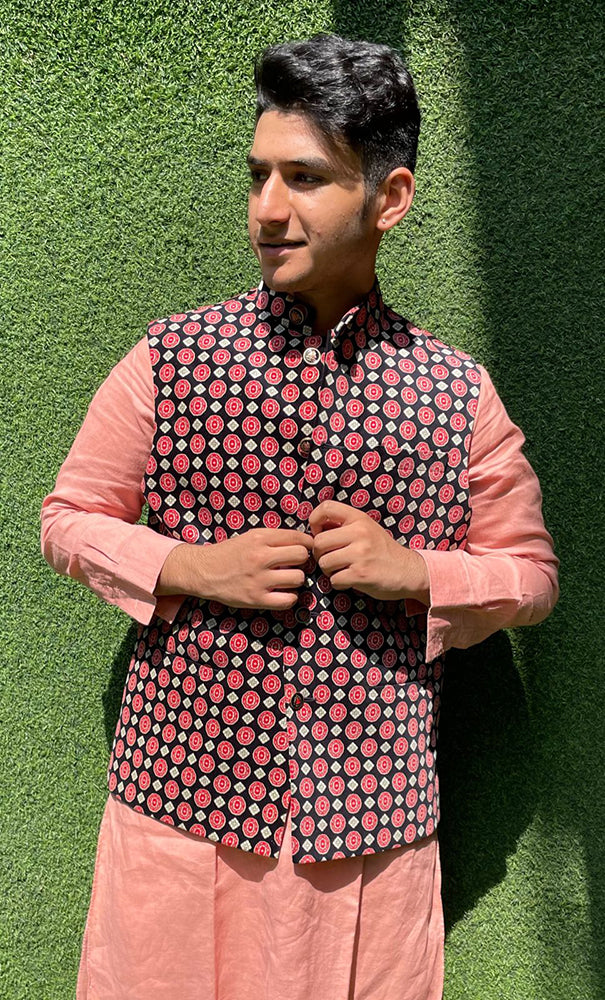 Black Digital Printed Velvet Nehru Jacket - Luxurion World