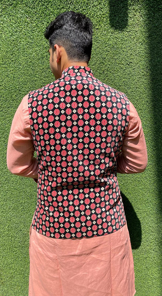 Black Digital Printed Velvet Nehru Jacket - Luxurion World