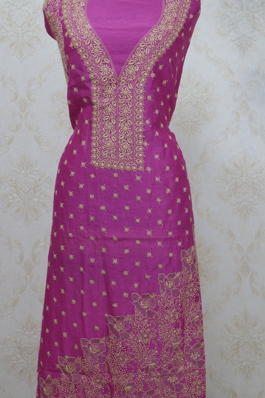Pink Embroidered Chikankari Chanderi Silk Two Piece Unstitched Suit Set - Luxurion World