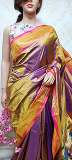 Yellow And Purple Shot Handloom Paithani Pure Silk Peacock Design Pallu Saree - Luxurion World
