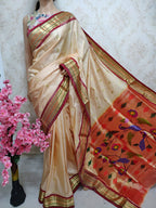 Cream Handloom Paithani Pure Silk Peacock Design Pallu Saree - Luxurion World