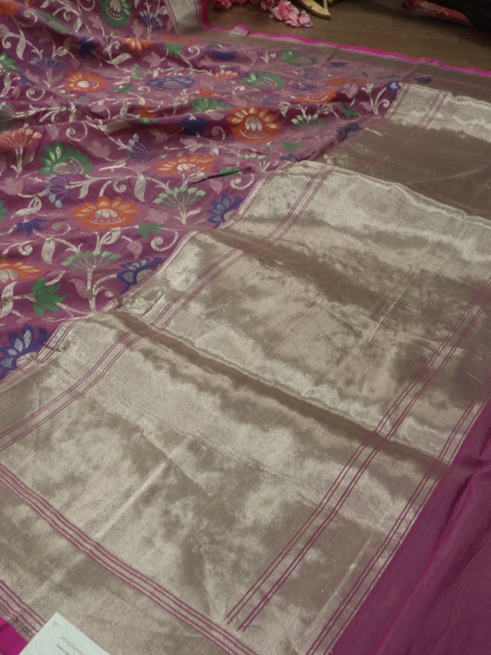 Pink Handloom Banarasi Pure Katan Silk Jaal Work Meenakari Saree - Luxurion World