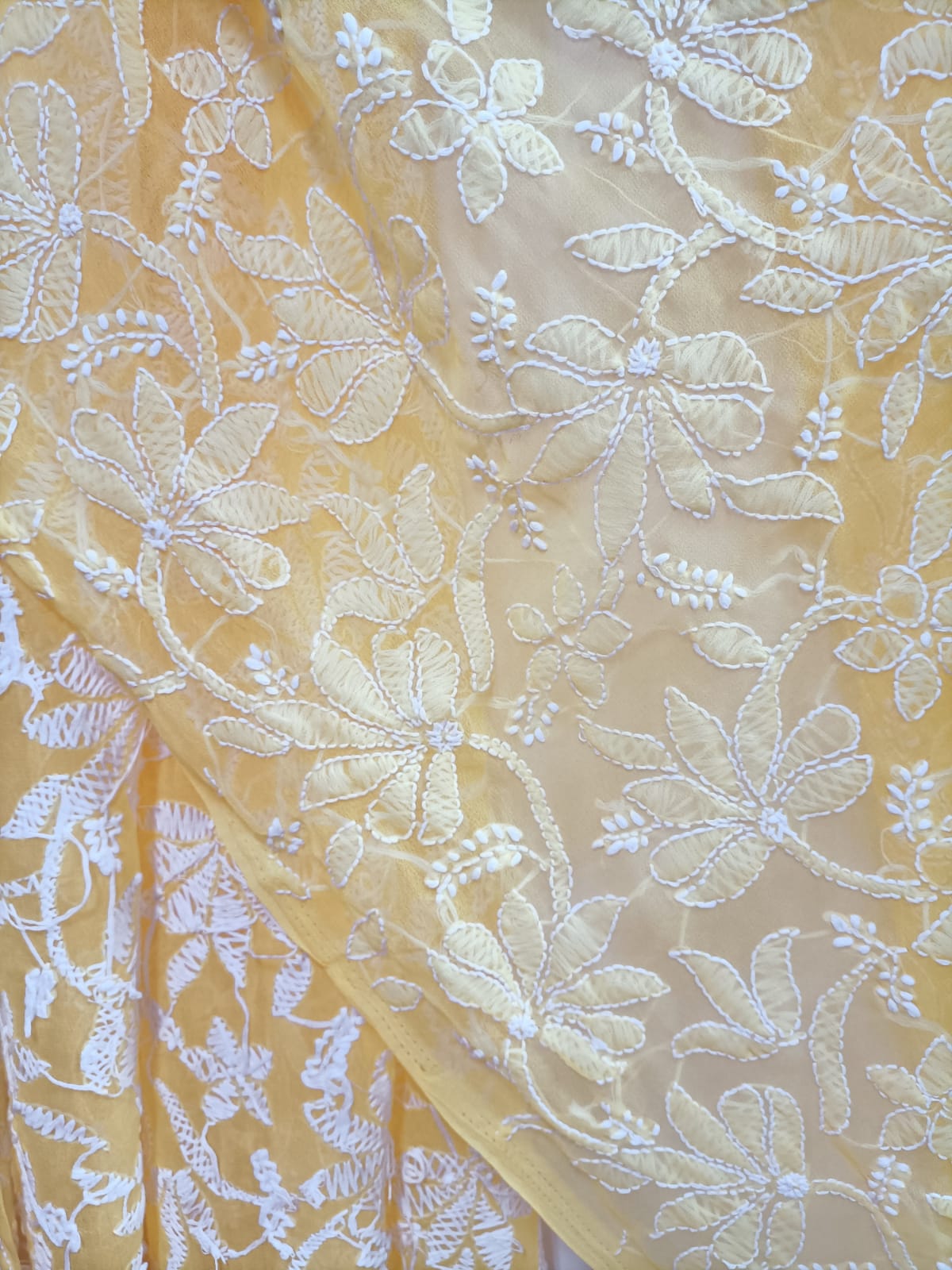 Yellow Hand Embroidered Chikankari Georgette Dupatta - Luxurion World