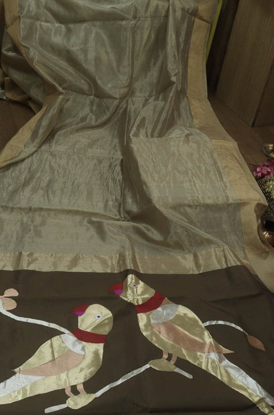 Pastel Handloom Banarasi Uchant Weave Tissue Katan Silk Parrot Design Saree - Luxurion World