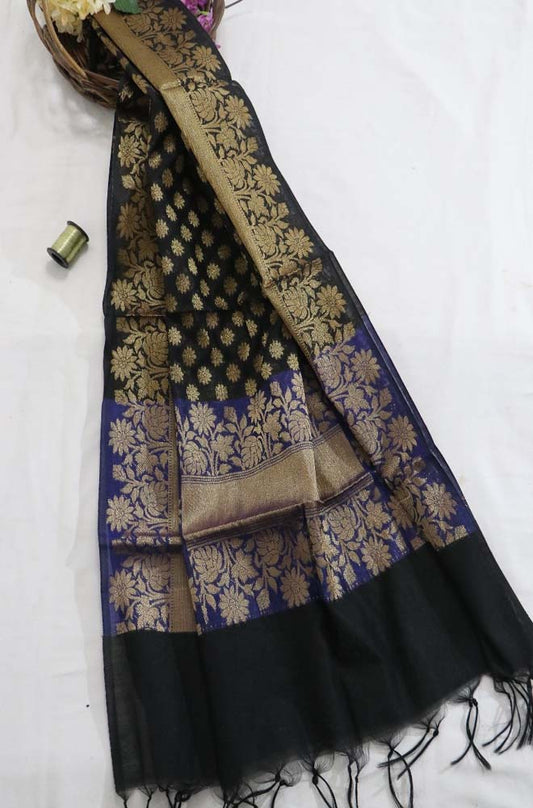 Black Handloom Banarasi Silk Cotton Dupatta - Luxurion World