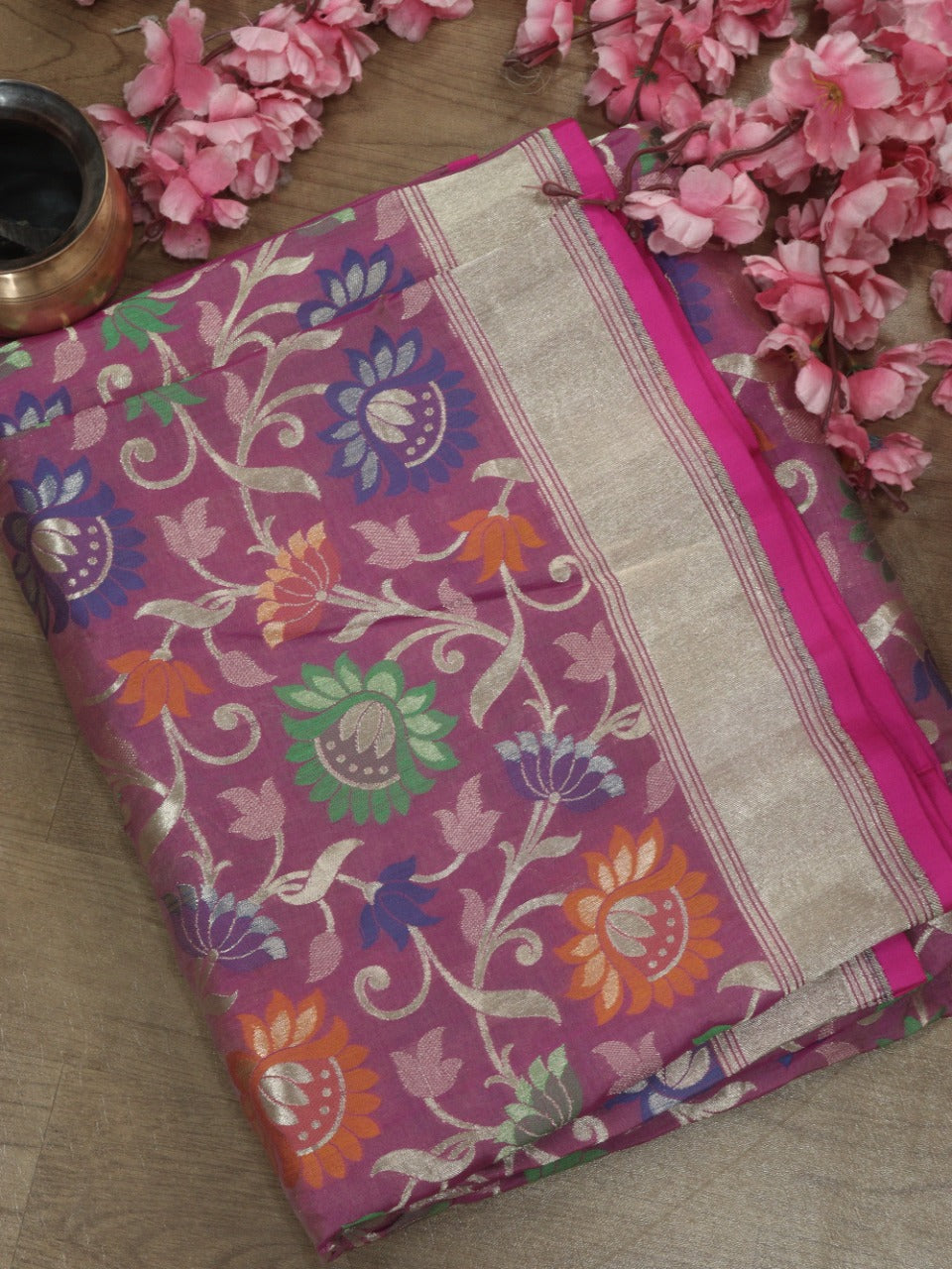 Pink Handloom Banarasi Pure Katan Silk Jaal Work Meenakari Saree - Luxurion World