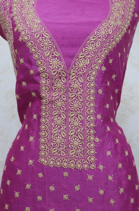 Pink Embroidered Chikankari Chanderi Silk Two Piece Unstitched Suit Set - Luxurion World
