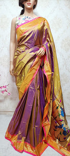 Yellow And Purple Shot Handloom Paithani Pure Silk Peacock Design Pallu Saree - Luxurion World