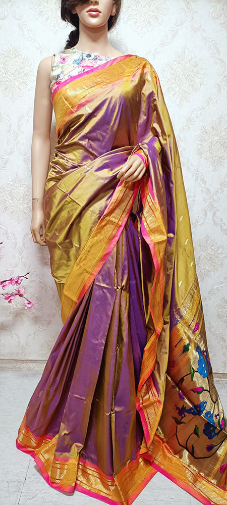Yellow And Purple Shot Handloom Paithani Pure Silk Peacock Design Pallu Saree - Luxurion World