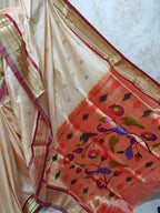 Cream Handloom Paithani Pure Silk Peacock Design Pallu Saree - Luxurion World
