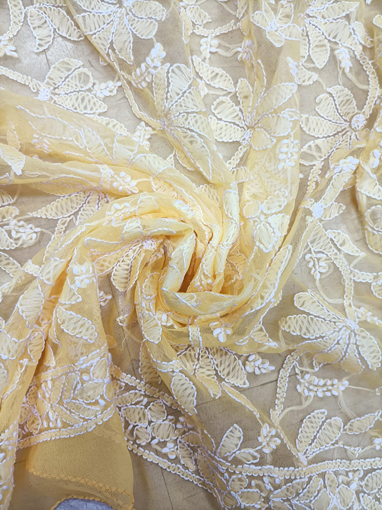 Yellow Hand Embroidered Chikankari Georgette Dupatta - Luxurion World