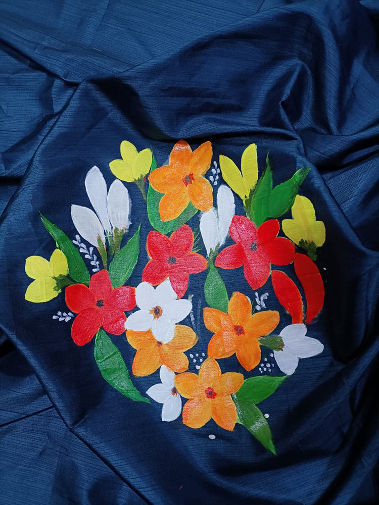 Blue Hand Painted Silk Blouse Fabric (1 Mtr) - Luxurion World