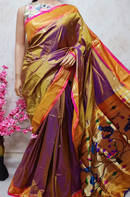 Yellow And Purple Shot Handloom Paithani Pure Silk Peacock Design Pallu Saree - Luxurion World