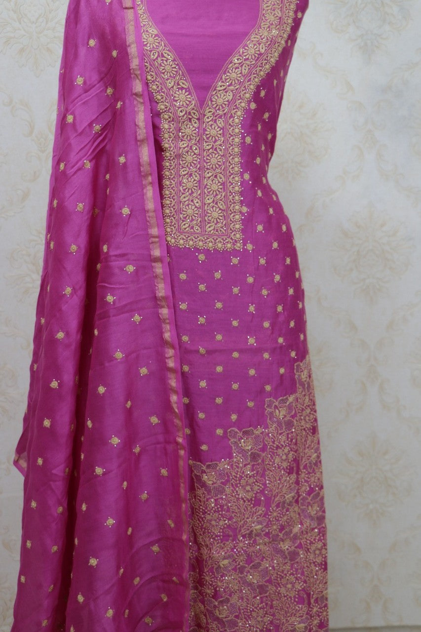 Pink Embroidered Chikankari Chanderi Silk Two Piece Unstitched Suit Set - Luxurion World