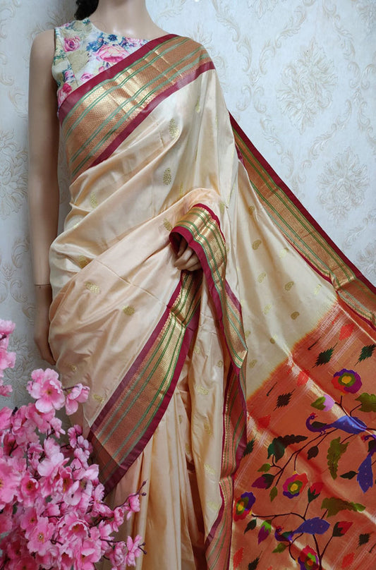 Cream Handloom Paithani Pure Silk Peacock Design Pallu Saree - Luxurion World