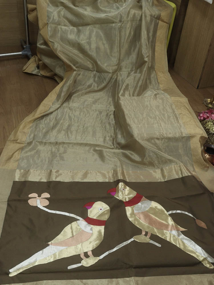 Pastel Handloom Banarasi Uchant Weave Tissue Katan Silk Parrot Design Saree