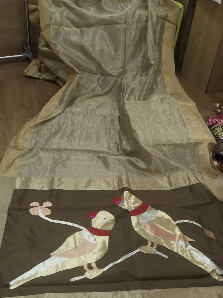 Pastel Handloom Banarasi Uchant Weave Tissue Katan Silk Parrot Design Saree - Luxurion World