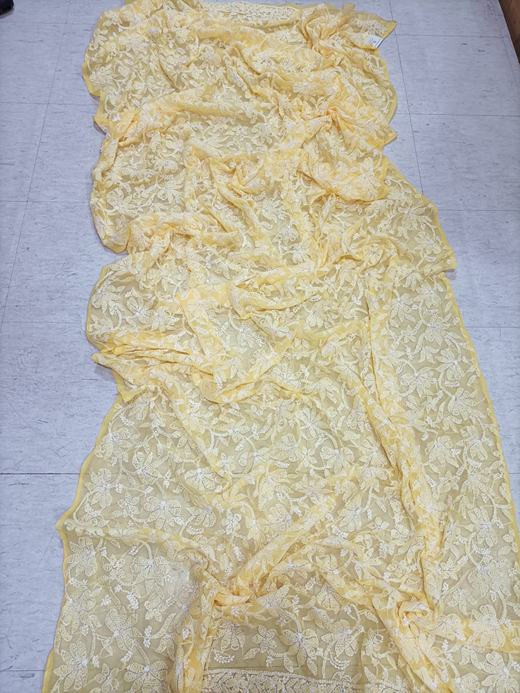 Yellow Hand Embroidered Chikankari Georgette Dupatta - Luxurion World