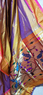 Yellow And Purple Shot Handloom Paithani Pure Silk Peacock Design Pallu Saree - Luxurion World