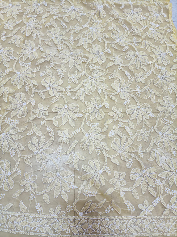 Yellow Hand Embroidered Chikankari Georgette Dupatta - Luxurion World