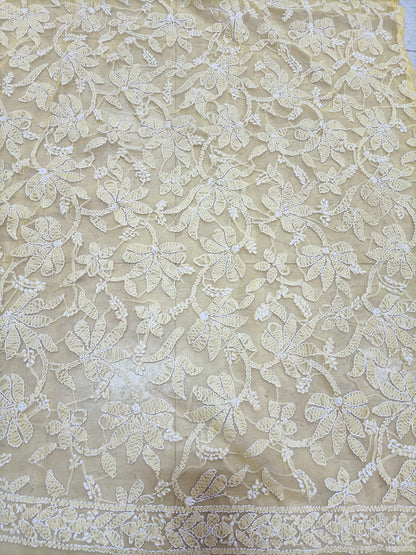 Yellow Hand Embroidered Chikankari Georgette Dupatta - Luxurion World