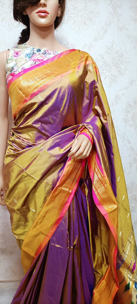 Yellow And Purple Shot Handloom Paithani Pure Silk Peacock Design Pallu Saree - Luxurion World