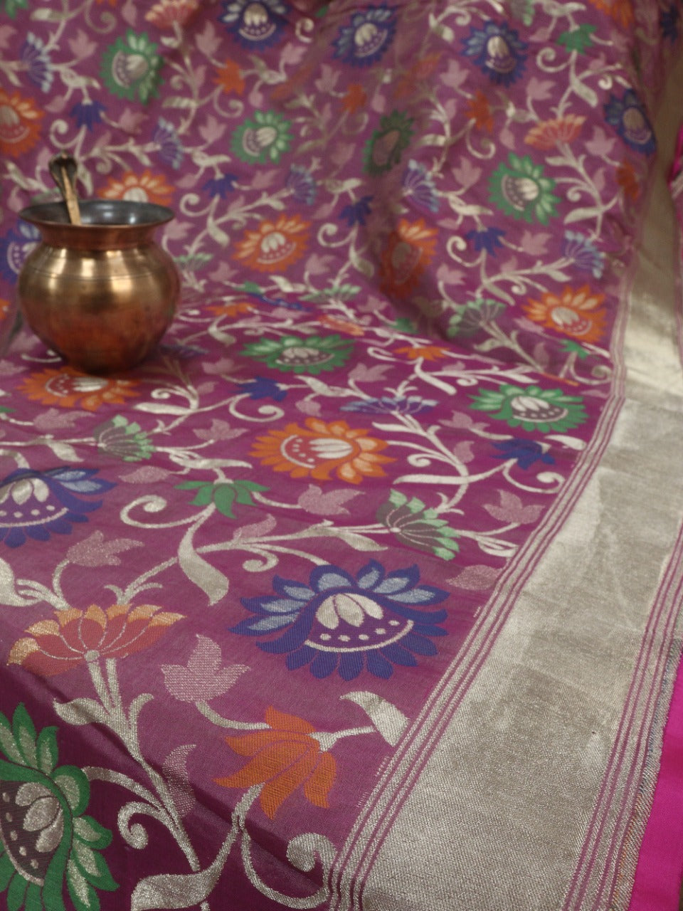 Pink Handloom Banarasi Pure Katan Silk Jaal Work Meenakari Saree - Luxurion World