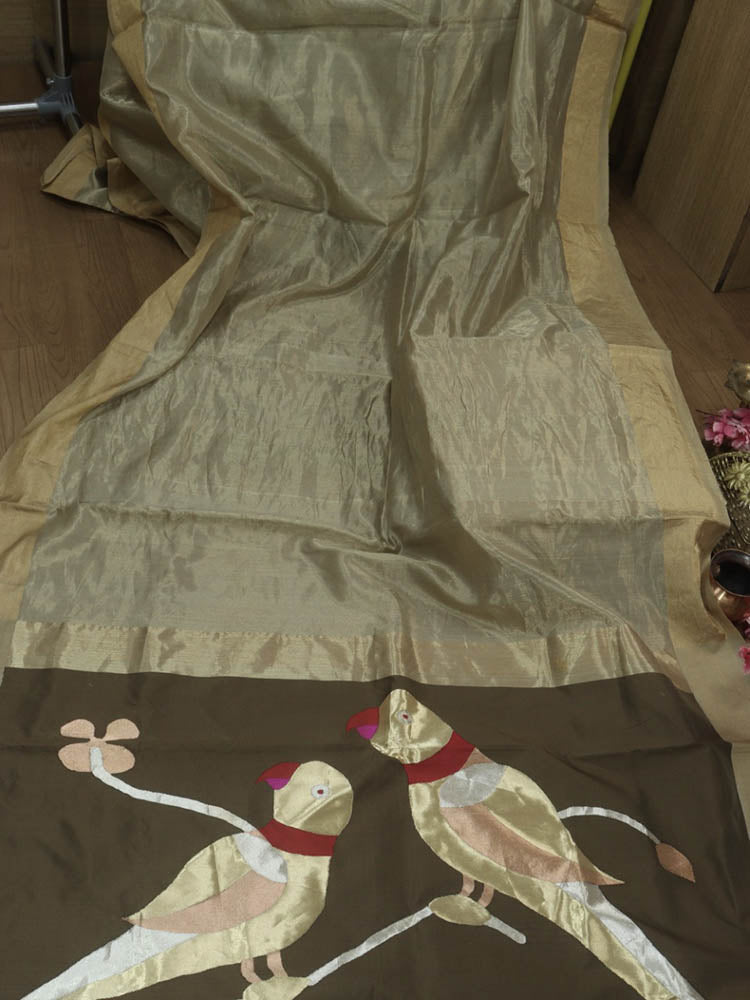Pastel Handloom Banarasi Uchant Weave Tissue Katan Silk Parrot Design Saree - Luxurion World