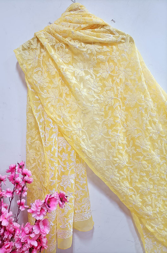 Yellow Hand Embroidered Chikankari Georgette Dupatta - Luxurion World