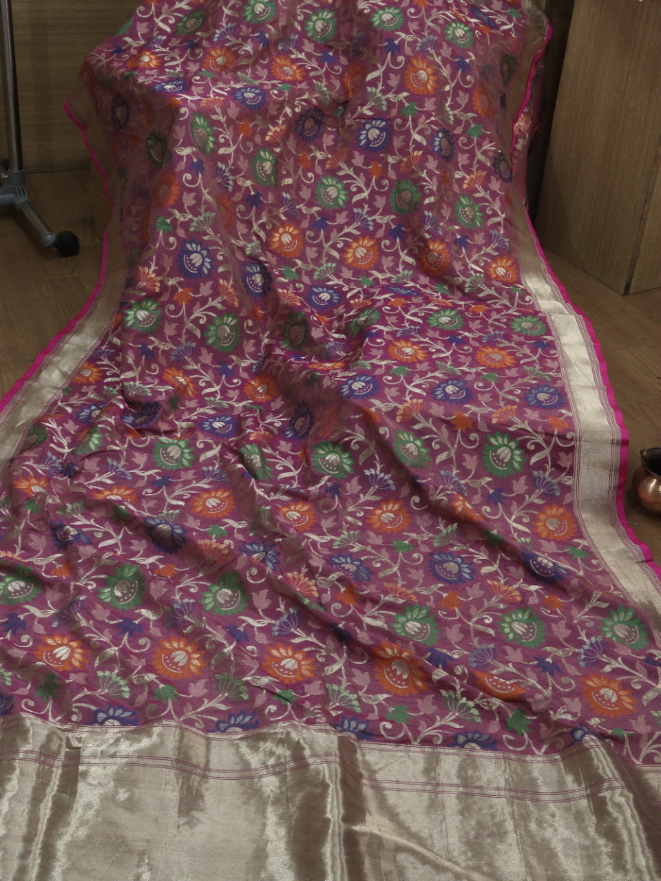 Pink Handloom Banarasi Pure Katan Silk Jaal Work Meenakari Saree