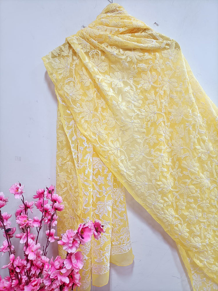 Yellow Hand Embroidered Chikankari Georgette Dupatta - Luxurion World