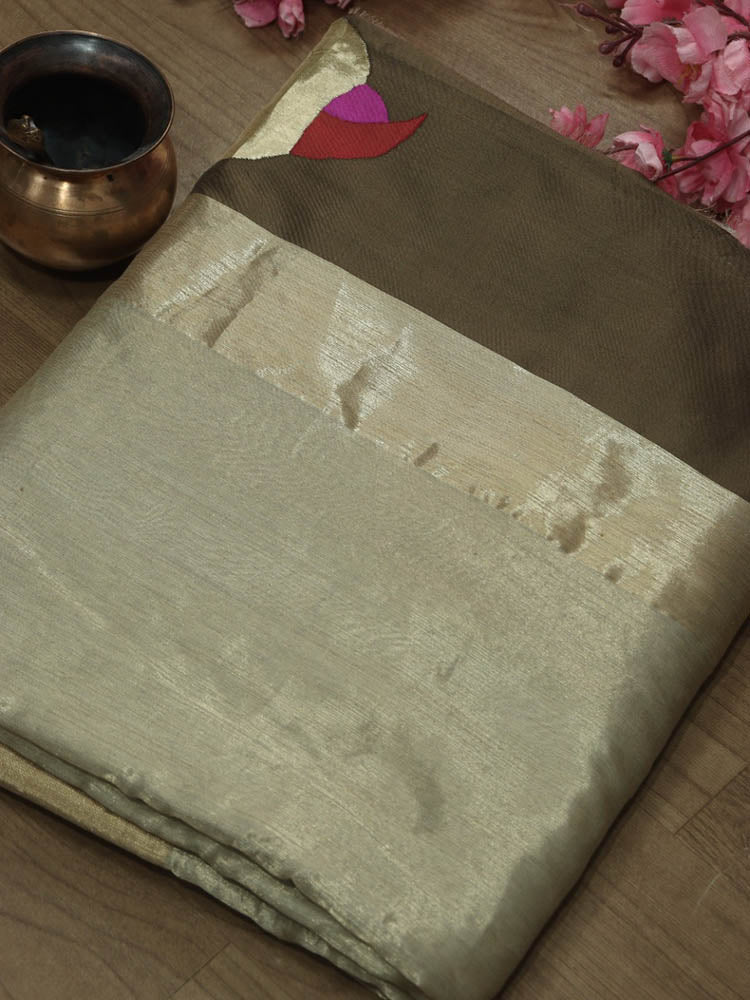 Pastel Handloom Banarasi Uchant Weave Tissue Katan Silk Parrot Design Saree - Luxurion World