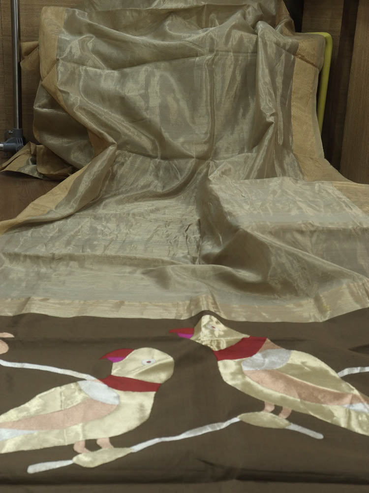 Pastel Handloom Banarasi Uchant Weave Tissue Katan Silk Parrot Design Saree - Luxurion World