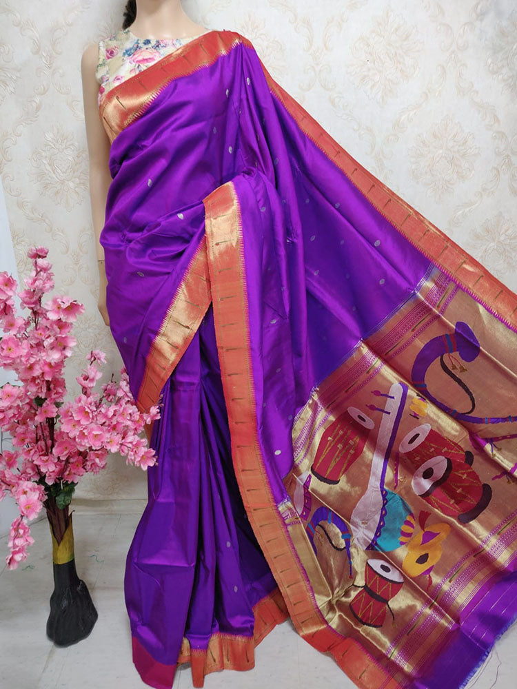 Purple Handloom Paithani Pure Silk Instrument Design Pallu Saree - Luxurion World