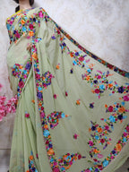 Green Hand Embroidered Parsi Gara Pure Georgette Saree - Luxurion World