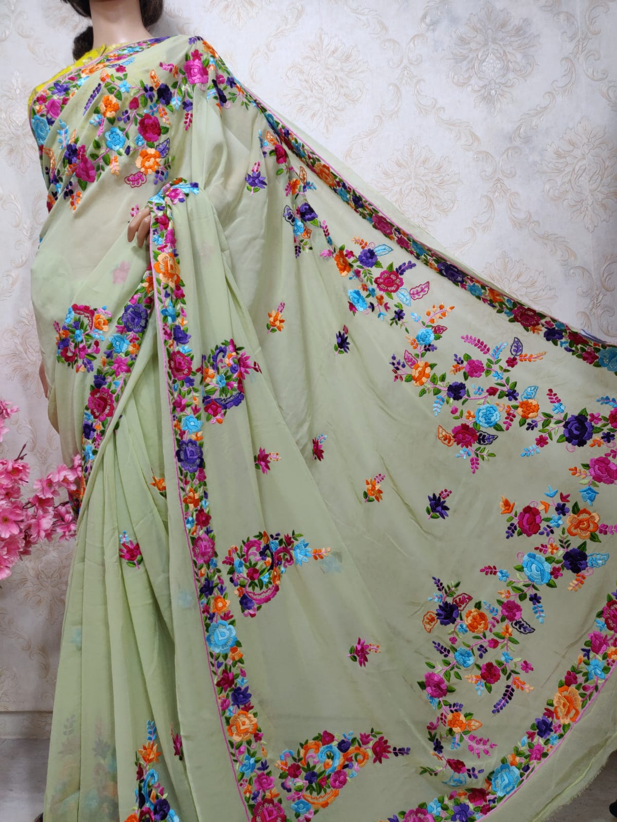 Green Hand Embroidered Parsi Gara Pure Georgette Saree - Luxurion World